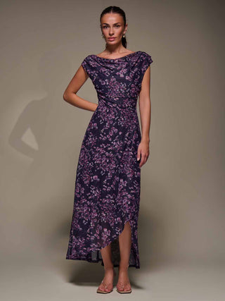 Asymmetric Draped Mesh Maxi Dress, Purple Floral