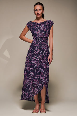 Asymmetric Draped Mesh Maxi Dress, Purple Floral