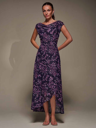 Asymmetric Draped Mesh Maxi Dress, Purple Floral
