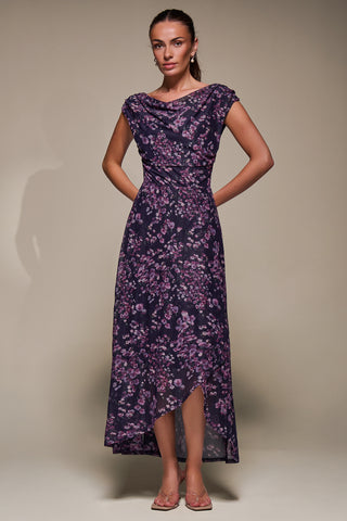 Asymmetric Draped Mesh Maxi Dress, Purple Floral