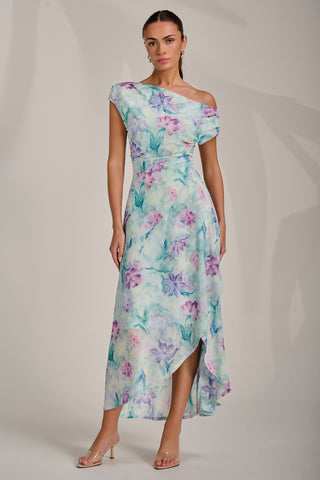 Asymmetric Draped Mesh Maxi Dress, Green Floral