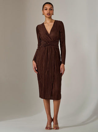 long sleeve plisse midi dress Warehouse Women's Plisse Belted Column Midi Dress in Leopard