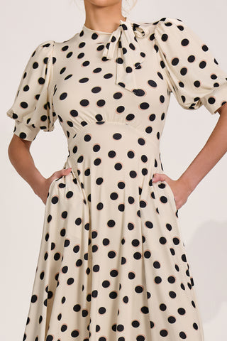 Tie Neck Puffy Sleeve Jersey Midi Dress, Cream Spot