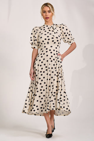Tie Neck Puffy Sleeve Jersey Midi Dress, Cream Spot