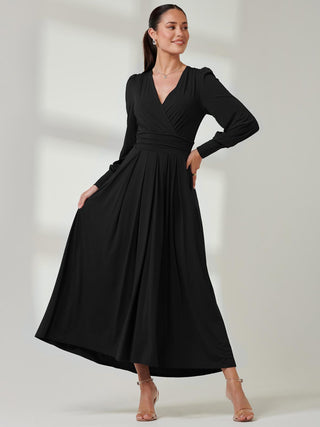 Long Sleeve Soft Silky Jersey Maxi Dress, Black