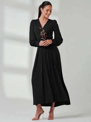 Long Sleeve Soft Silky Jersey Maxi Dress, Black