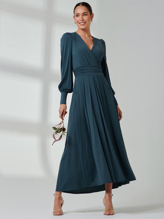 Long Sleeve Soft Silky Jersey Maxi Dress, Dark Teal