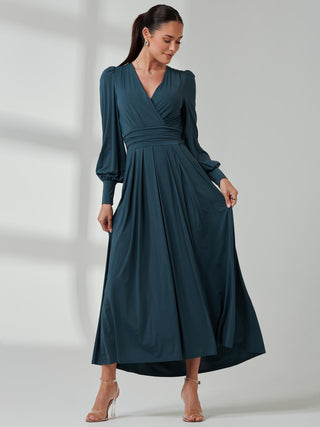 Long Sleeve Soft Silky Jersey Maxi Dress, Dark Teal