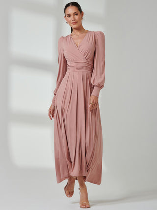 Long Sleeve Soft Silky Jersey Maxi Dress, Dusty Pink