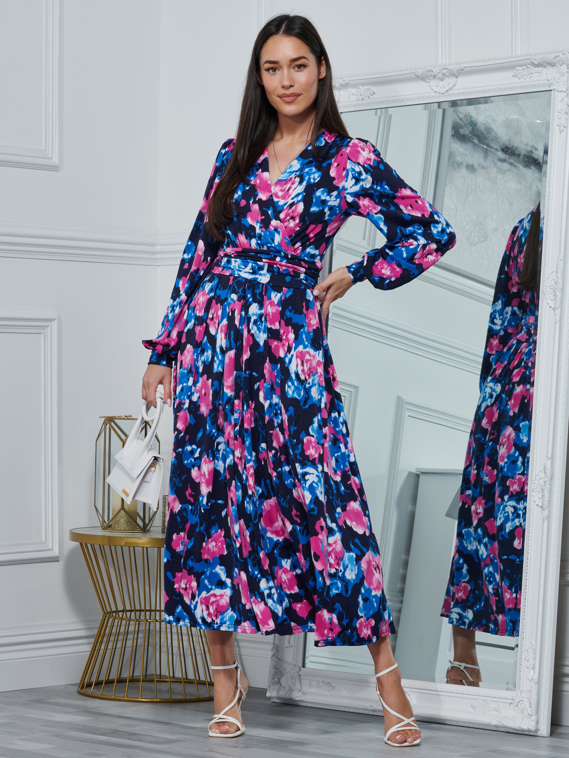 Navy floral dress long sleeve sale