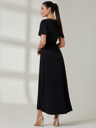 Angel Sleeve Super-Smooth Jersey Maxi Dress, Black