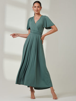 Angel Sleeve Jersey Maxi Dress Pleat Green