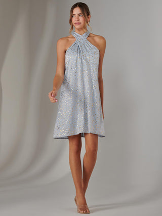 Halter Neck Tie Mini Dress, Light Blue