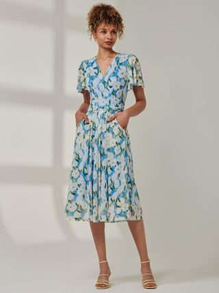 Kairi Floral Print Mesh Midi Dress, Blue Floral