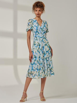 Kairi Floral Print Mesh Midi Dress, Blue Floral