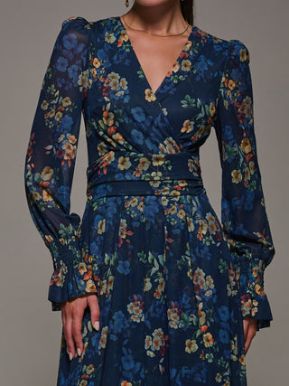 Long Sleeve Mesh Maxi Dress, Navy Floral
