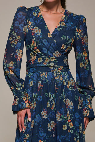 Long Sleeve Mesh Maxi Dress, Navy Floral