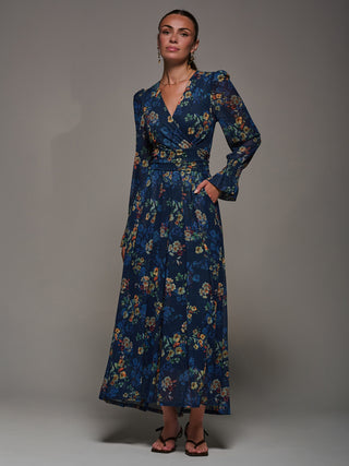 Long Sleeve Mesh Maxi Dress, Navy Floral