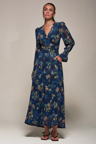 Long Sleeve Mesh Maxi Dress, Navy Floral