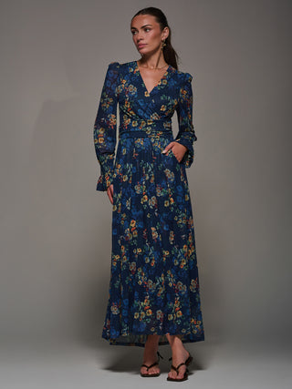Long Sleeve Mesh Maxi Dress, Navy Floral