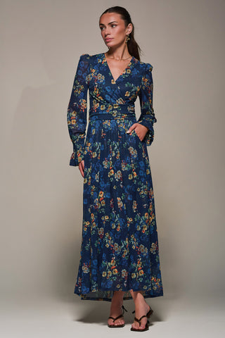 Long Sleeve Mesh Maxi Dress, Navy Floral