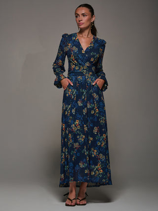 Long Sleeve Mesh Maxi Dress, Navy Floral