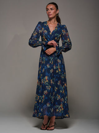Long Sleeve Mesh Maxi Dress, Navy Floral