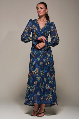 Long Sleeve Mesh Maxi Dress, Navy Floral
