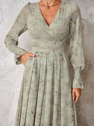 Long Sleeve Mesh Maxi Dress, Neutral Floral