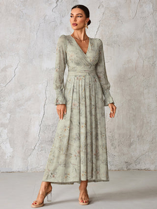 Long Sleeve Mesh Maxi Dress, Neutral Floral