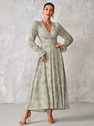 Long Sleeve Mesh Maxi Dress, Neutral Floral
