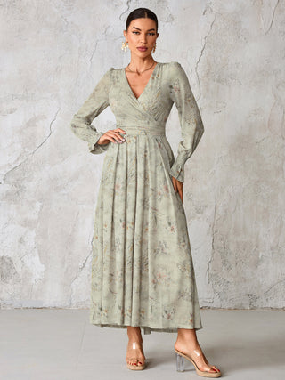 Long Sleeve Mesh Maxi Dress, Neutral Floral