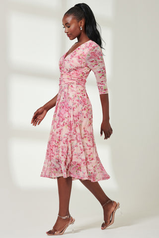 Brisa Mesh 3/4 Sleeve Midi Dress, Pink Multi
