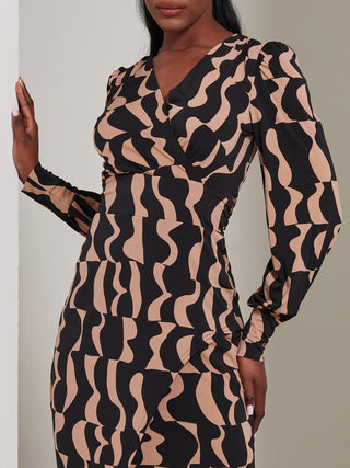 Jersey Wrap Slit Pencil Dress, Brown Pattern