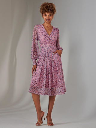 long sleeve floral midi dress uk Floral Print Long Sleeve Mesh Midi Dress, White Floral Jolie Moi Retail