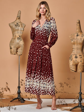 Symmetrical Print Mesh Maxi Dress, Burgundy Multi