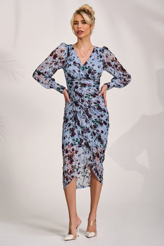 Lace Long Sleeve Ruched Bodycon Dress, Blue Floral