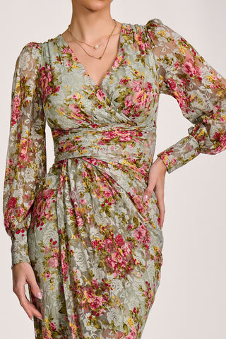 Lace Long Sleeve Ruched Bodycon Dress, Green Floral