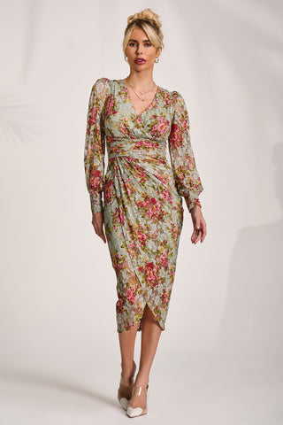 Lace Long Sleeve Ruched Bodycon Dress, Green Floral