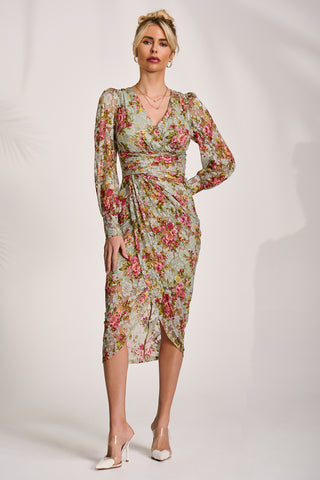 Lace Long Sleeve Ruched Bodycon Dress, Green Floral
