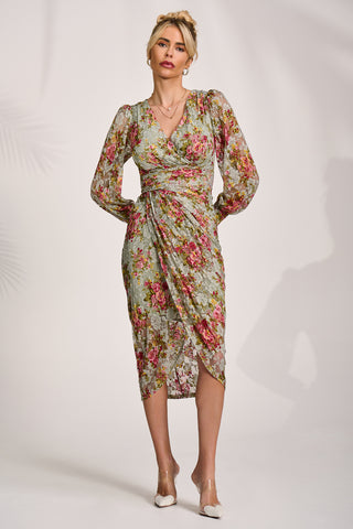 Lace Long Sleeve Ruched Bodycon Dress, Green Floral
