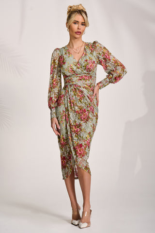 Lace Long Sleeve Ruched Bodycon Dress, Green Floral