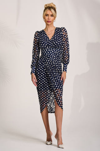 navy polka dot bodycon dress Navy Polka Dot Mesh Mini Dress, Sleeveless Mock Neck Ruched Bodycon Dress