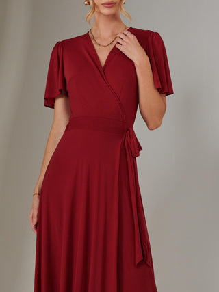 Plain Angel Sleeve Wrapped Maxi Dress, Brick Red