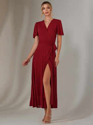 Plain Angel Sleeve Wrapped Maxi Dress, Brick Red