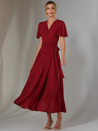 Plain Angel Sleeve Wrapped Maxi Dress, Brick Red