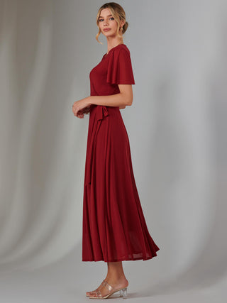 Plain Angel Sleeve Wrapped Maxi Dress, Brick Red