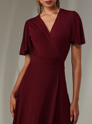 Plain Angel Sleeve Wrapped Maxi Dress, Burgundy