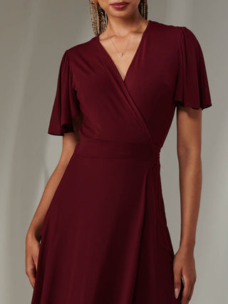 Angel Sleeve Wrapped Mesh Maxi Dress Burgundy