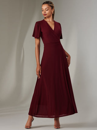 Angel Sleeve Wrapped Mesh Maxi Dress Burgundy